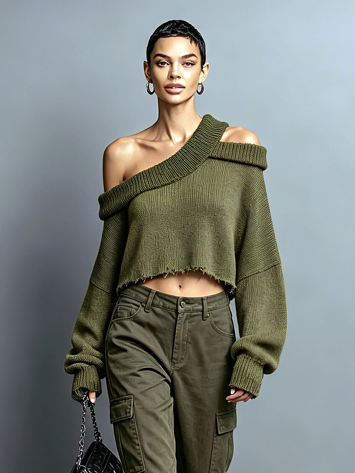 ElevenOra Chic Casual Army Green Asymmetrical Neck Cold-Shoulder Long-Sleeve Raw Edge Detail Loose-Fit Knit Cropped Sweater