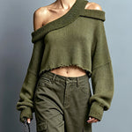 ElevenOra Chic Casual Army Green Asymmetrical Neck Cold-Shoulder Long-Sleeve Raw Edge Detail Loose-Fit Knit Cropped Sweater