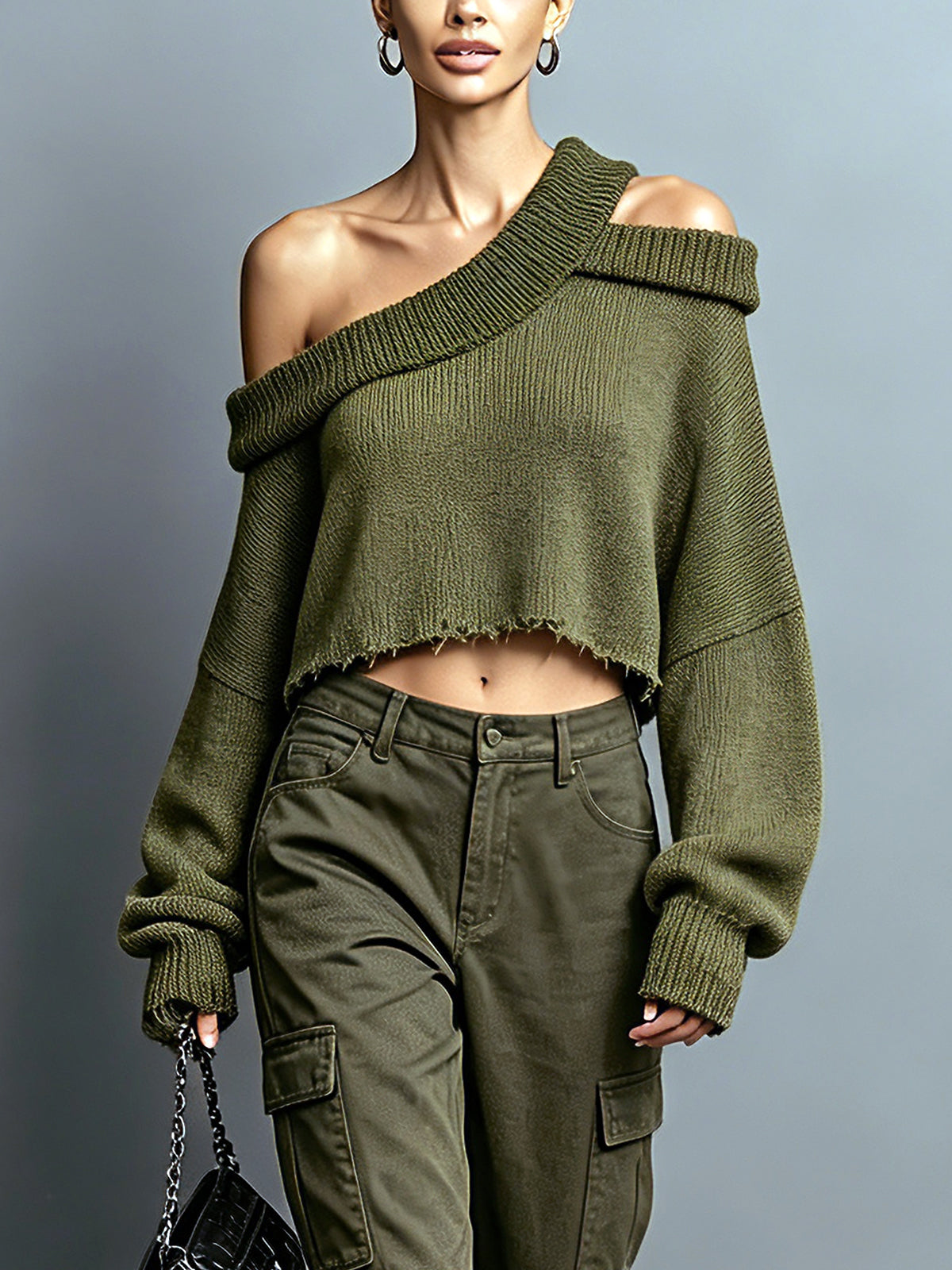 ElevenOra Chic Casual Army Green Asymmetrical Neck Cold-Shoulder Long-Sleeve Raw Edge Detail Loose-Fit Knit Cropped Sweater