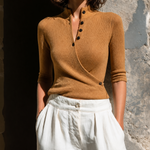 ElevenOra Chic Casual Camel Stand Collar Wrap‑Front Button Up Half‑Sleeve Slim-Fit Knit Sweater Top