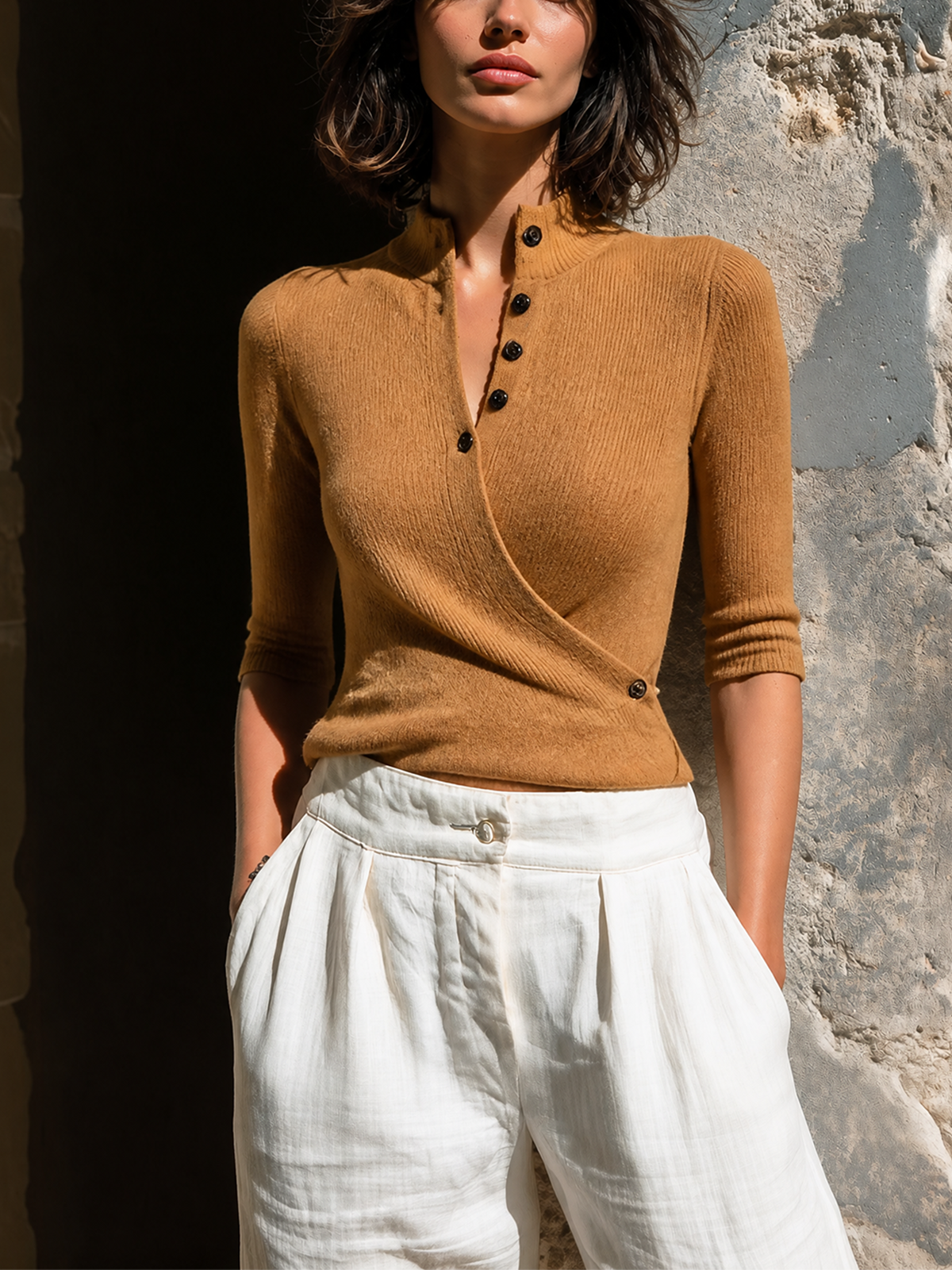 ElevenOra Chic Casual Camel Stand Collar Wrap‑Front Button Up Half‑Sleeve Slim-Fit Knit Sweater Top