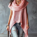 ElevenOra Chic Elegant Pink Cowl Neck Sleeveless Asymmetrical Hem Loose-Fit Soft Mesh Knit Vest Top