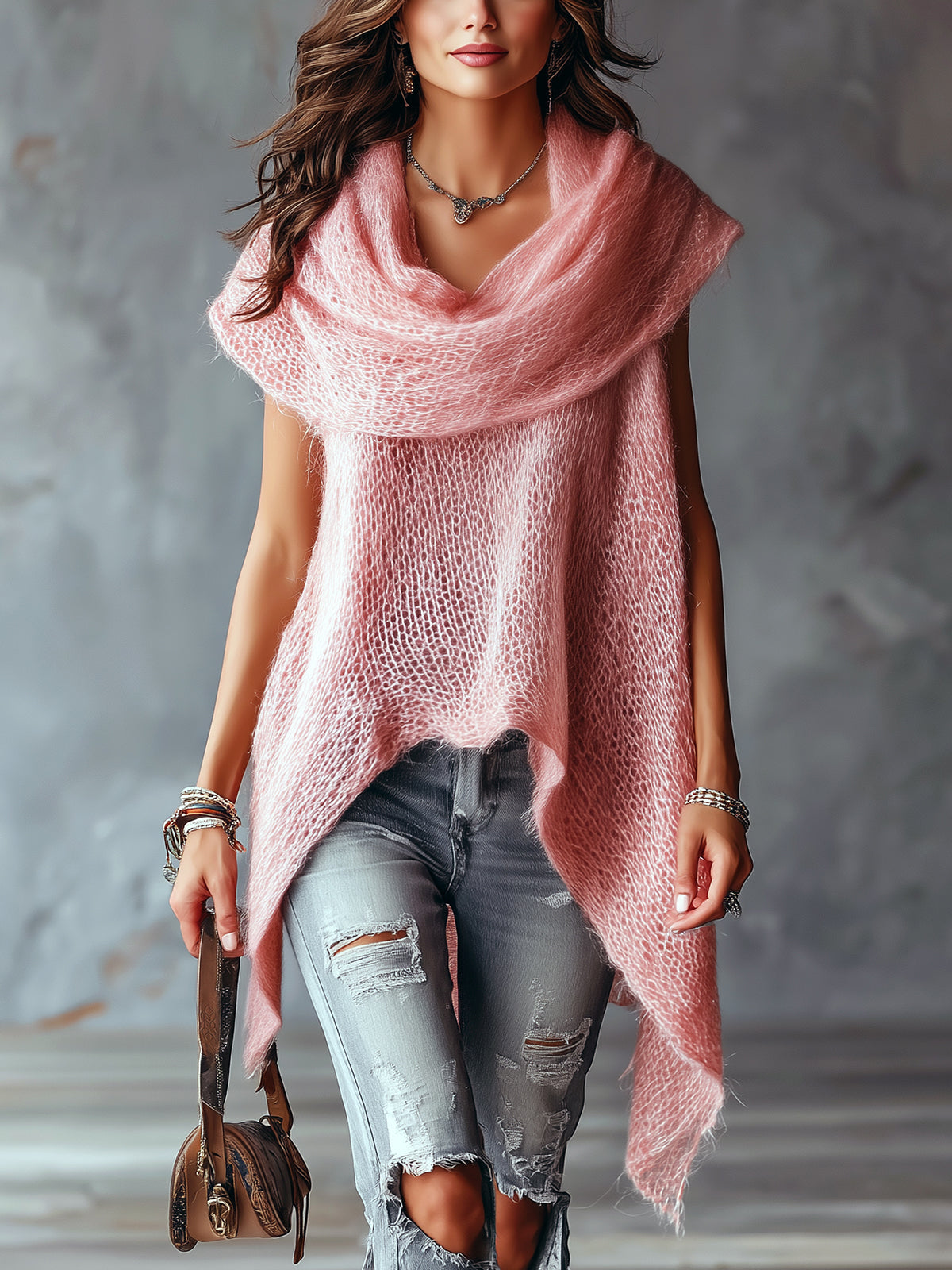 ElevenOra Chic Elegant Pink Cowl Neck Sleeveless Asymmetrical Hem Loose-Fit Soft Mesh Knit Vest Top