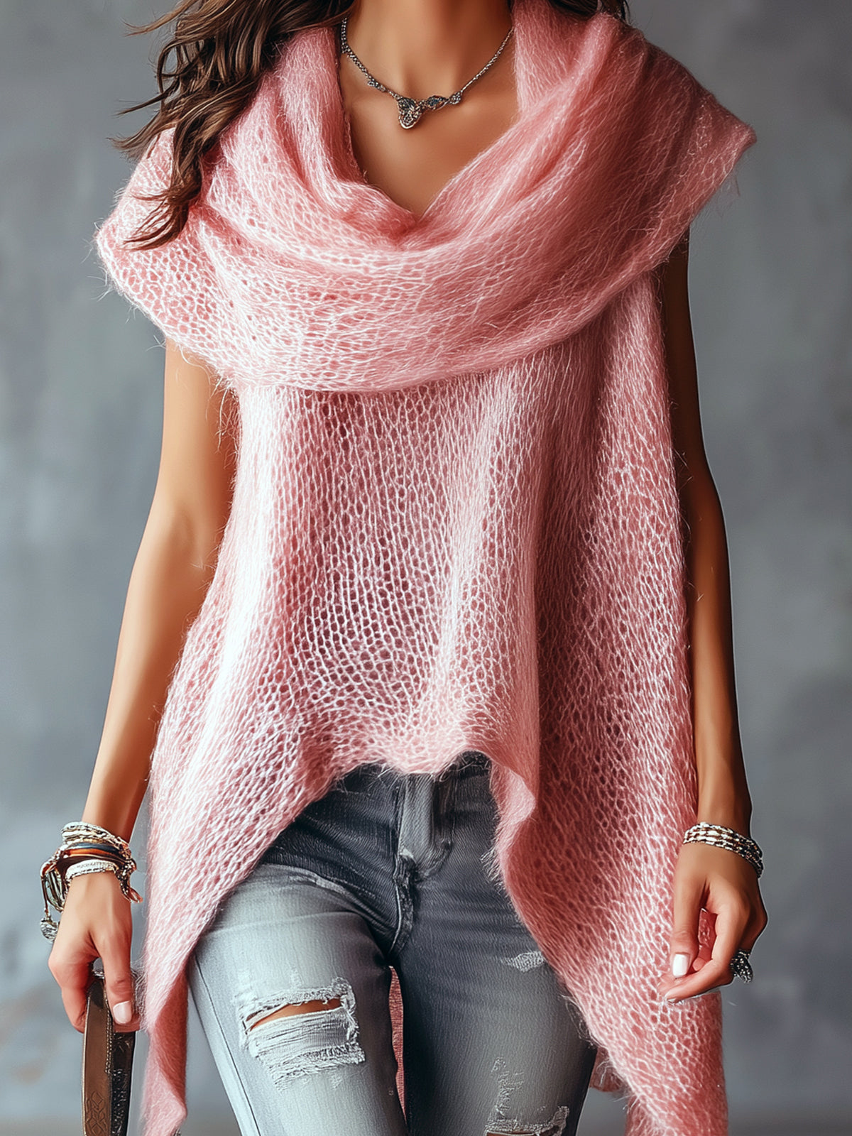 ElevenOra Chic Elegant Pink Cowl Neck Sleeveless Asymmetrical Hem Loose-Fit Soft Mesh Knit Vest Top