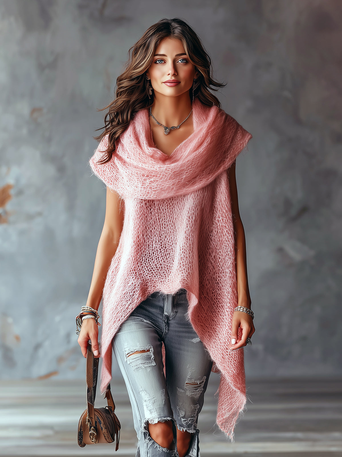 ElevenOra Chic Elegant Pink Cowl Neck Sleeveless Asymmetrical Hem Loose-Fit Soft Mesh Knit Vest Top