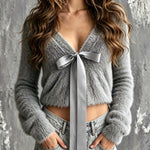 ElevenOra Chic Elegant Gray V-Neck Long-Sleeve Satin Bow-Tie Detail Soft Fuzzsy Knit Cropped Sweater Top