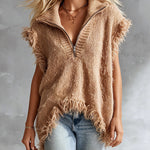 ElevenOra Chic Elegant Camel Zipper-Up Lapel Collar Sleeveless Fringe Detail Asymmetrical Hem Loose-Fit Knit Vest Top