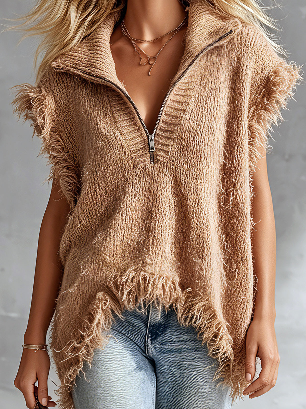 ElevenOra Chic Elegant Camel Zipper-Up Lapel Collar Sleeveless Fringe Detail Asymmetrical Hem Loose-Fit Knit Vest Top