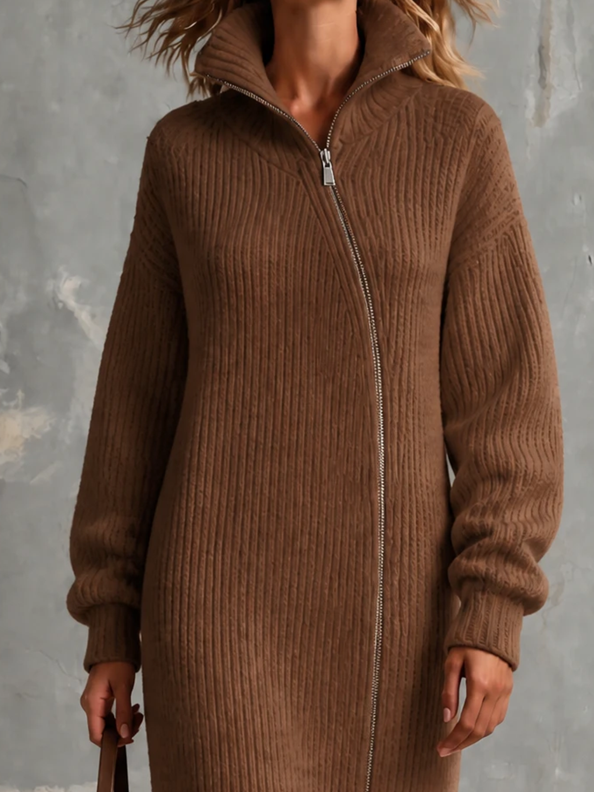 ElevenOra Chic Elegant Brown Stand High Collar Asymmetrical Zipper Long-Sleeve Loose-Fit Ribbed Knit Midi Dress