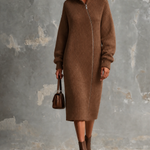 ElevenOra Chic Elegant Brown Stand High Collar Asymmetrical Zipper Long-Sleeve Loose-Fit Ribbed Knit Midi Dress