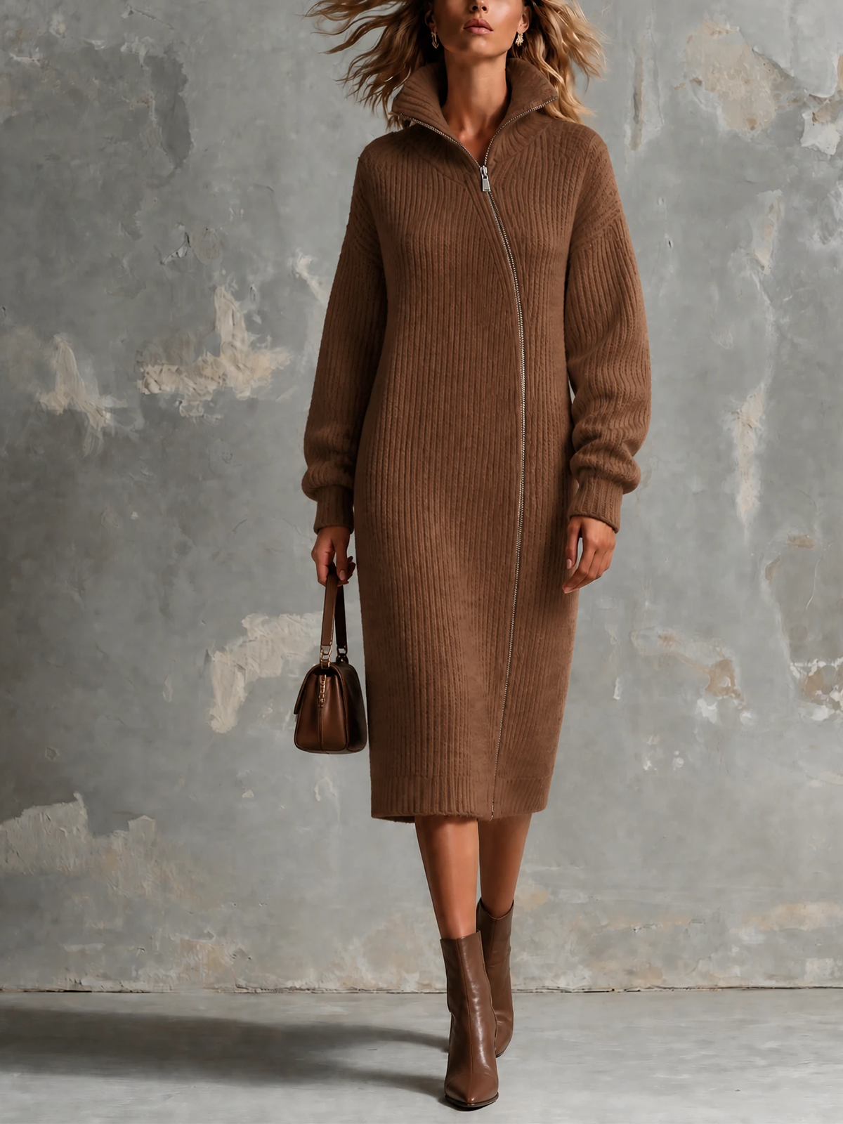 ElevenOra Chic Elegant Brown Stand High Collar Asymmetrical Zipper Long-Sleeve Loose-Fit Ribbed Knit Midi Dress