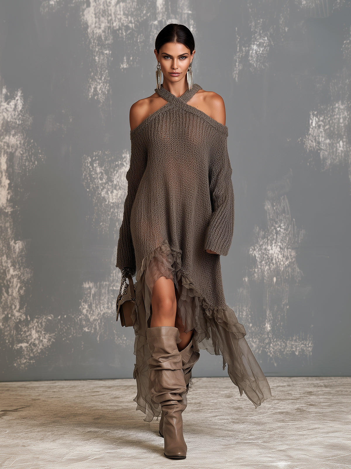 ElevenOra Chic Elegant Brown Halter-Neck Cold-Shoulder Long-Sleeve Asymmetrical Mesh Ruffled Hem Loose-Fit Knit Midi Dress