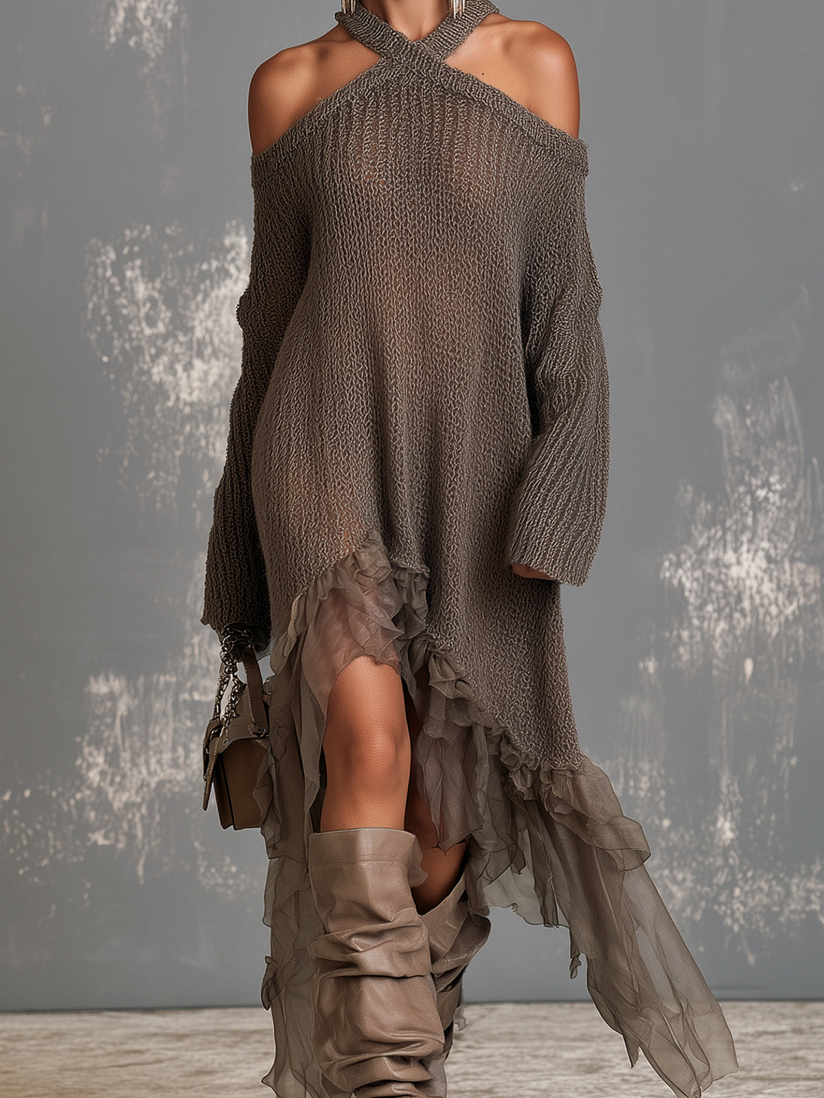 ElevenOra Chic Elegant Brown Halter-Neck Cold-Shoulder Long-Sleeve Asymmetrical Mesh Ruffled Hem Loose-Fit Knit Midi Dress