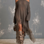ElevenOra Chic Elegant Brown Halter-Neck Cold-Shoulder Long-Sleeve Asymmetrical Mesh Ruffled Hem Loose-Fit Knit Midi Dress