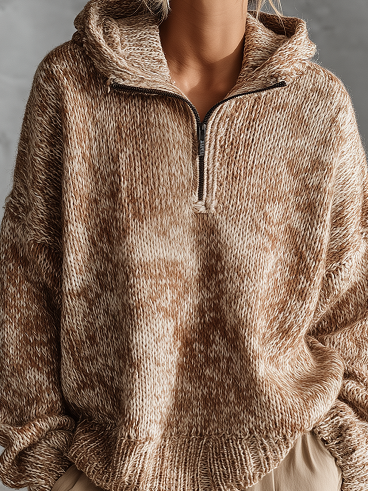 ElevenOra Chic Casual Camel Half‑Zip Hooded Long-Sleeve Loose-Fit Marled Knit Sweater Top