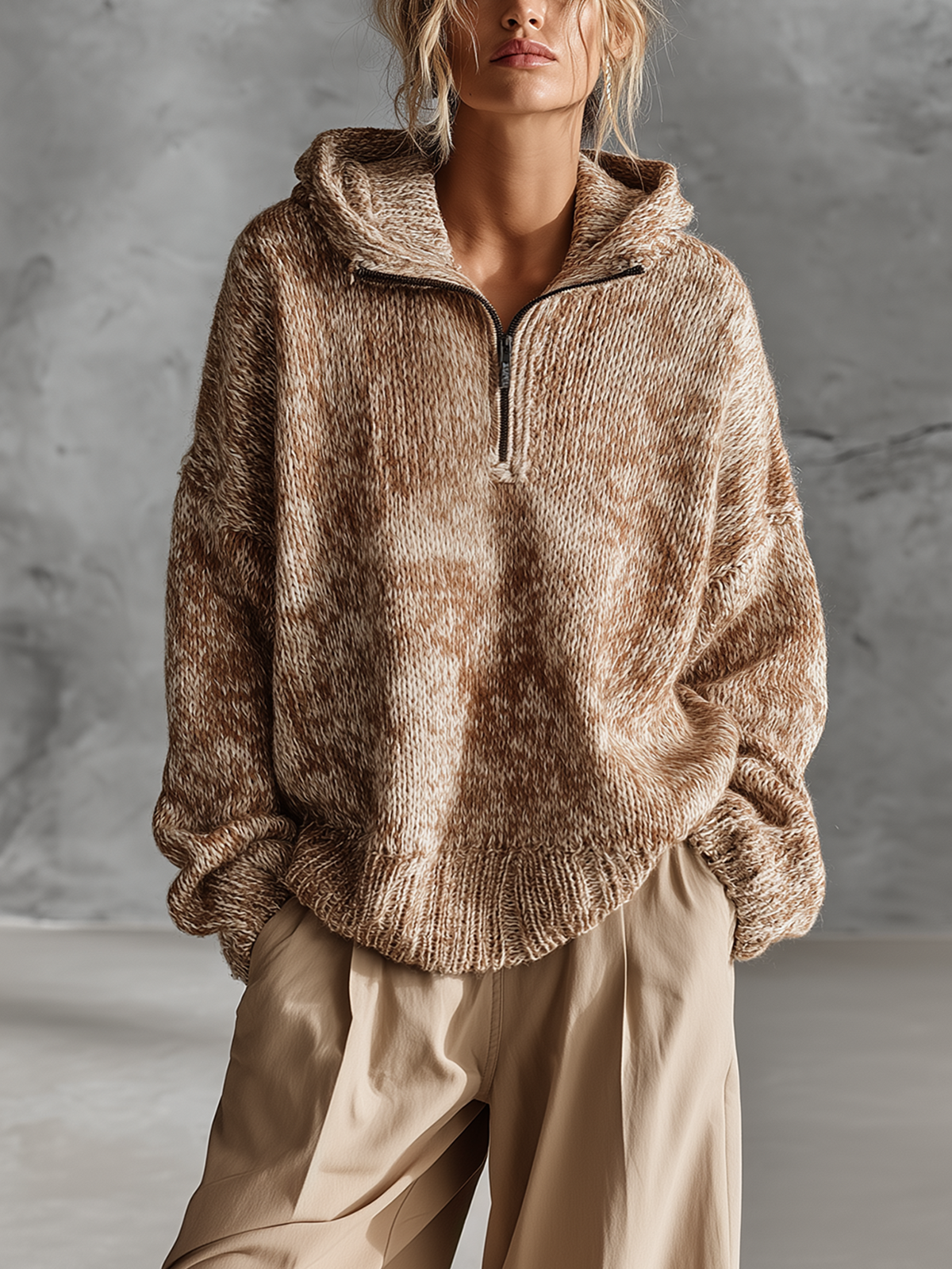 ElevenOra Chic Casual Camel Half‑Zip Hooded Long-Sleeve Loose-Fit Marled Knit Sweater Top