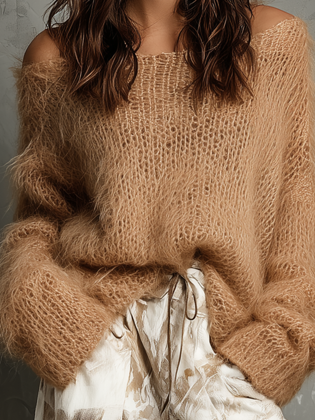 ElevenOra Chic Casual Camel Off‑Shoulder Long-Sleeve Loose-Fit Mohair Knit Sweater Top