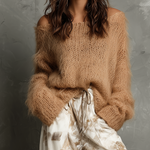 ElevenOra Chic Casual Camel Off‑Shoulder Long-Sleeve Loose-Fit Mohair Knit Sweater Top