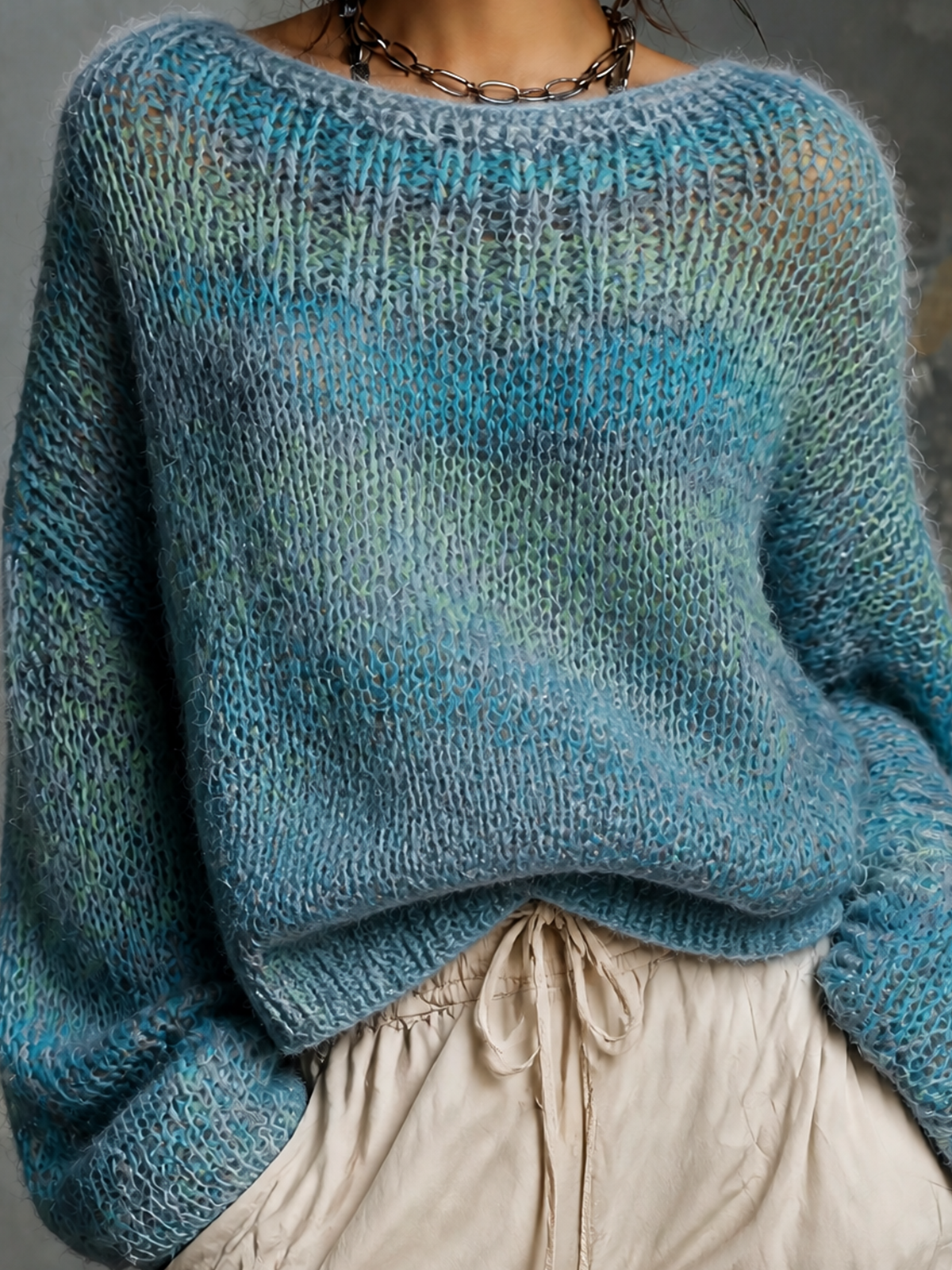 ElevenOra Chic Casual Blue‑Green Gradient Marled Boat‑Neck Long-Sleeve Loose-Fit Knit Sweater Top