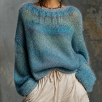 ElevenOra Chic Casual Blue‑Green Gradient Marled Boat‑Neck Long-Sleeve Loose-Fit Knit Sweater Top