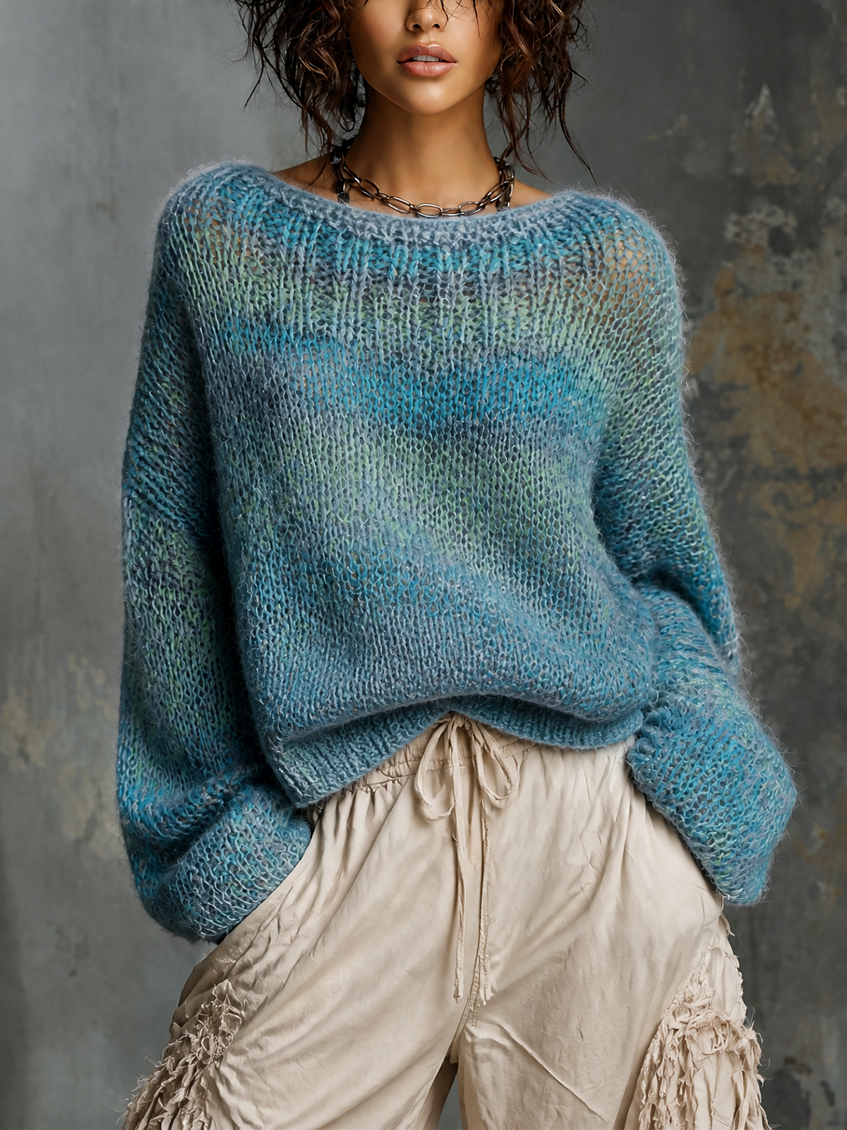 ElevenOra Chic Casual Blue‑Green Gradient Marled Boat‑Neck Long-Sleeve Loose-Fit Knit Sweater Top