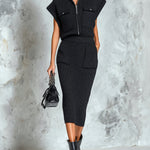 ElevenOra Chic Elegant Black Stand Collar Zipper-Front Dropped Shoulder Vest Bodycon Midi Skirt Patch Pockets Detail Slim-Fit Knit Two-Piece Set