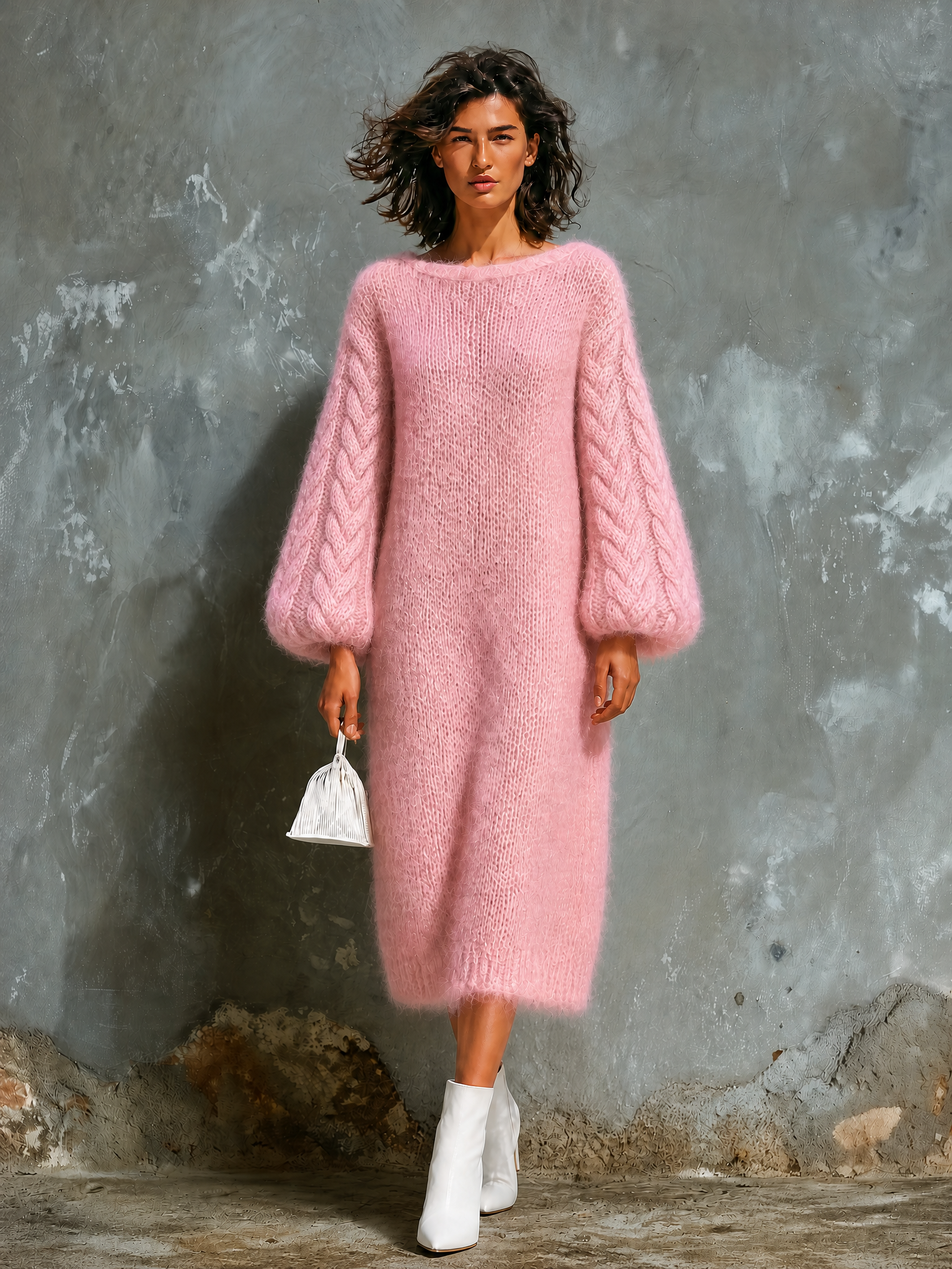ElevenOra Chic Elegant Pink Boat Neck Cable Balloon‑Sleeve Loose-Fit Mohair‑Blend Knit Midi Dress