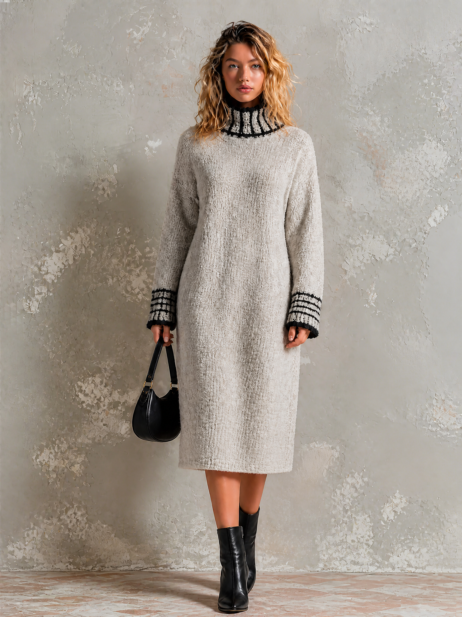 ElevenOra Chic Elegant Light Grey Turtleneck Contrast Trim Long-Sleeve Loose-Fit Knit Midi Dress
