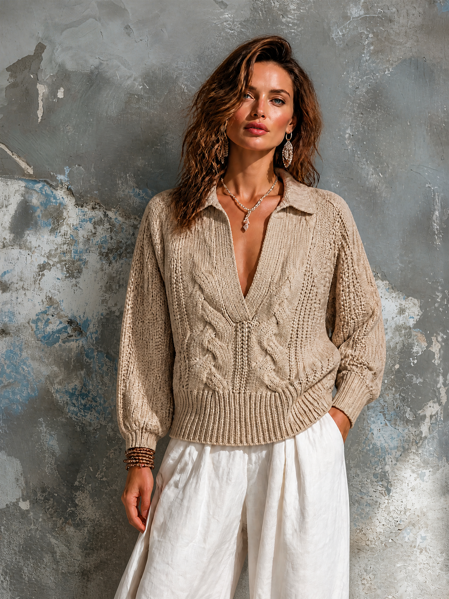 ElevenOra Chic Elegant Beige Lapel Collar V‑Neck Long-Sleeve Loose-Fit Cable Knit Sweater Top