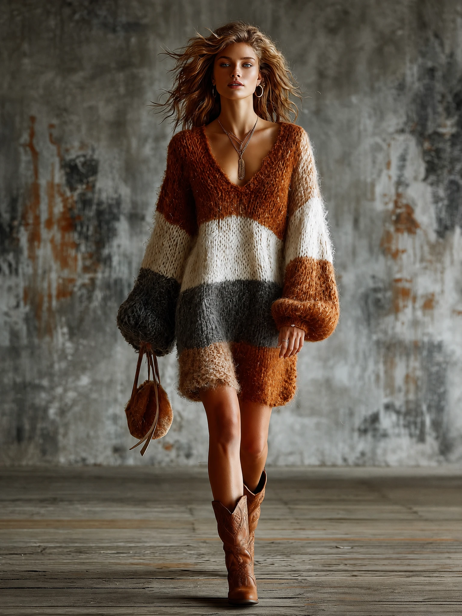 ElevenOra Chic Casual Brown-Cream-Charcoal Gray Colorblock V-Neck Long-Sleeve Loose-Fit Knit Mini Dress