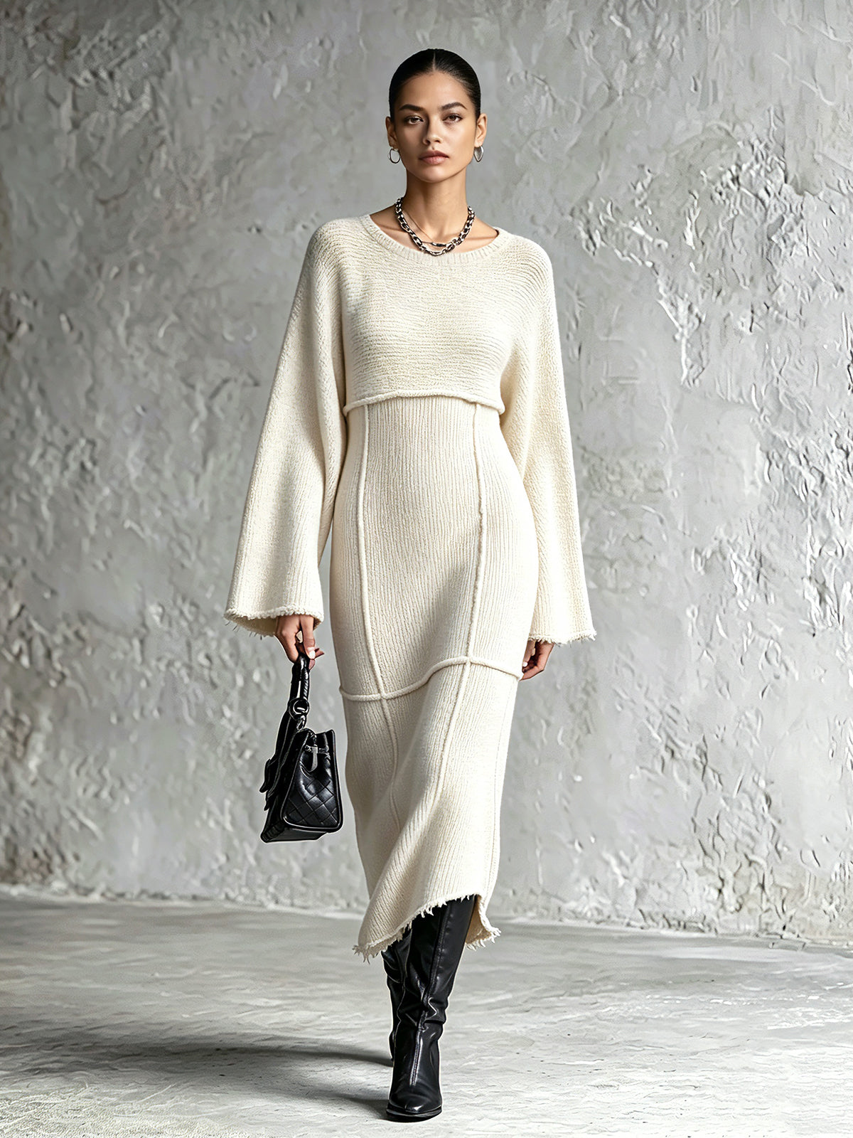 ElevenOra Chic Elegant Cream White Round-Neck Long-Flare-Sleeve Raw Edge Detail Patch Pockets Detail A-Line Knit Midi Dress
