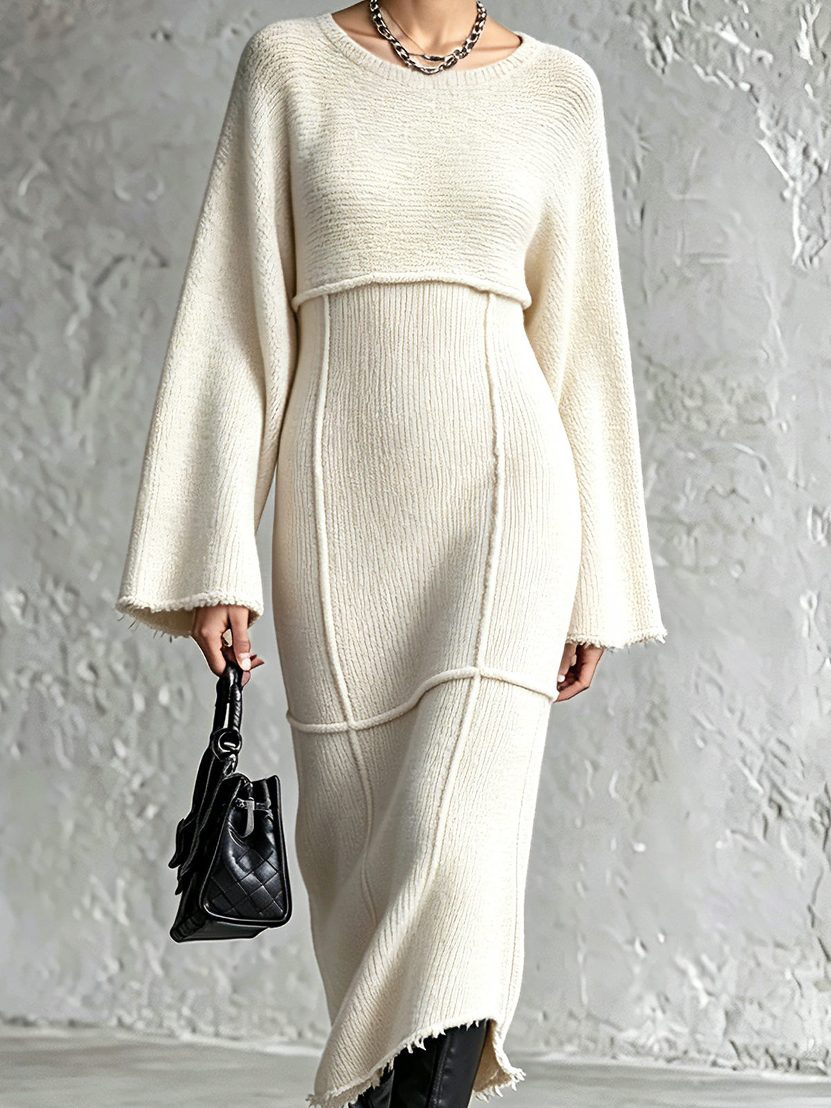 ElevenOra Chic Elegant Cream White Round-Neck Long-Flare-Sleeve Raw Edge Detail Patch Pockets Detail A-Line Knit Midi Dress