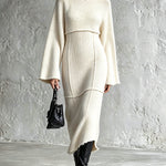 ElevenOra Chic Elegant Cream White Round-Neck Long-Flare-Sleeve Raw Edge Detail Patch Pockets Detail A-Line Knit Midi Dress