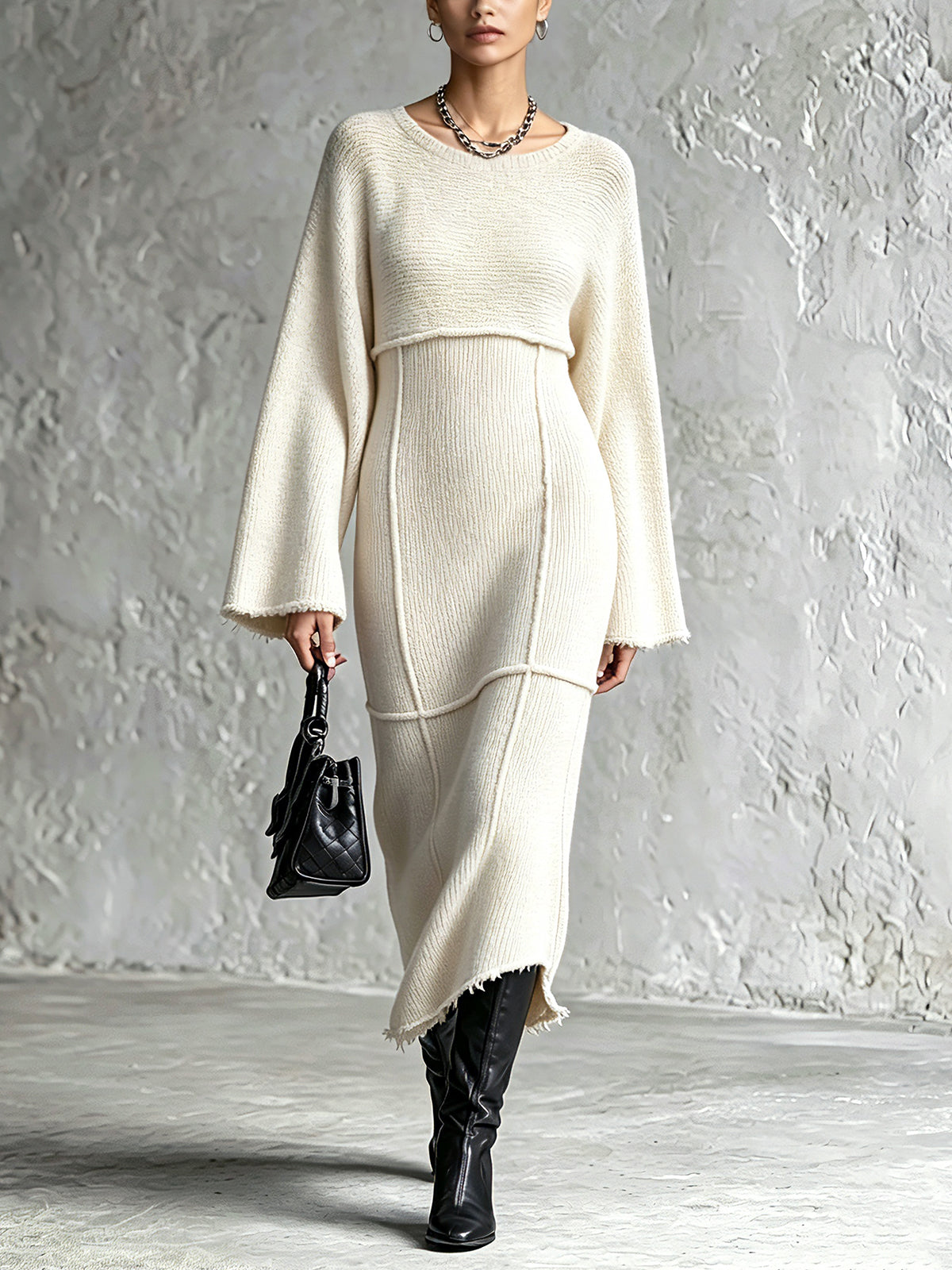 ElevenOra Chic Elegant Cream White Round-Neck Long-Flare-Sleeve Raw Edge Detail Patch Pockets Detail A-Line Knit Midi Dress