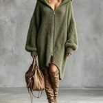 ElevenOra Chic Casual Army Green Hooded Collar Long-Sleeve Zipper-Placket Asymmetrical Hem Oversize Knit Midi Dress