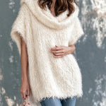 ElevenOra Chic Elegant Cream White Cowl Neck Dropped Shoulder Sleeveless Oversize Fuzzy Knit Vest Top