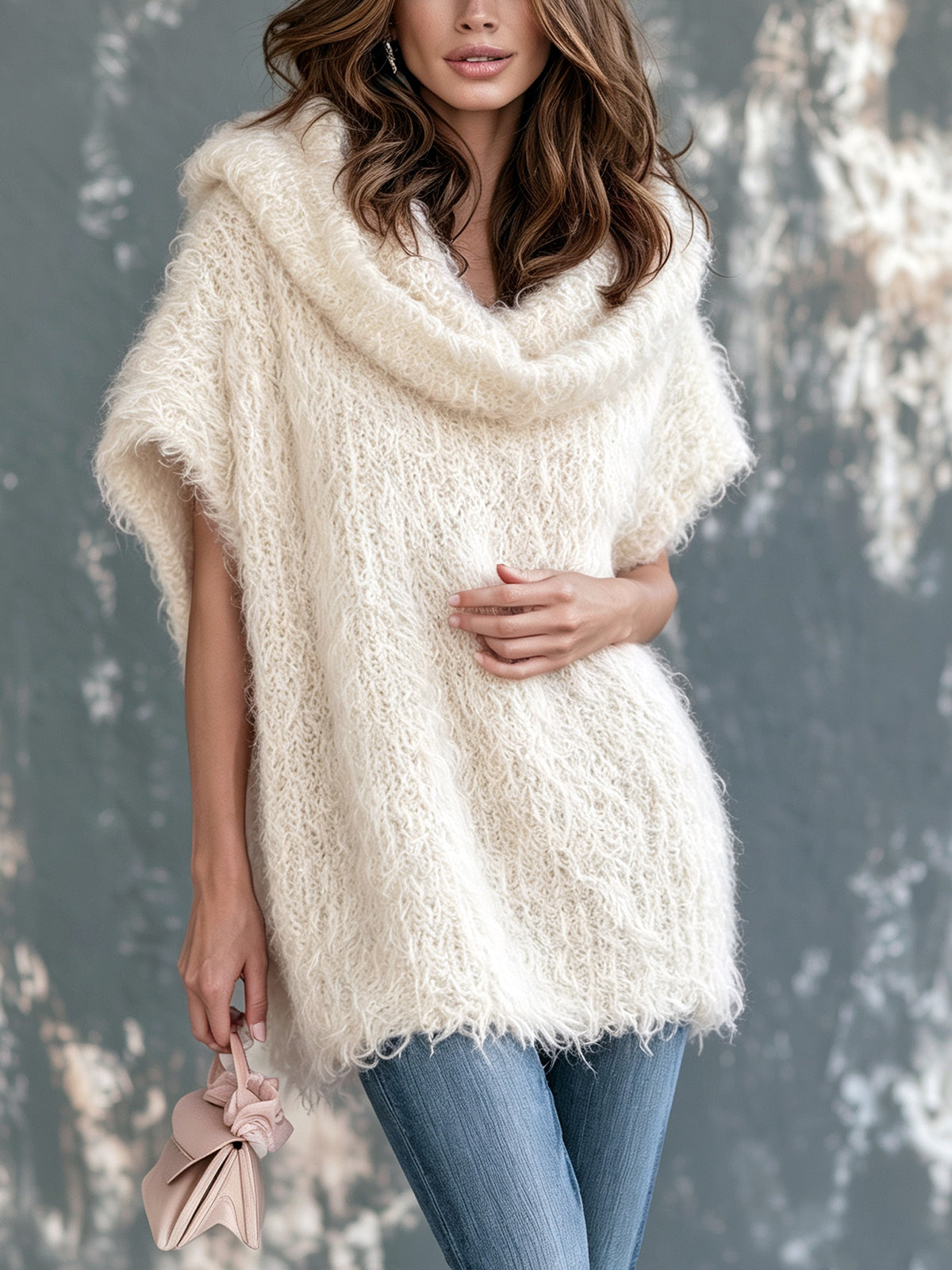 ElevenOra Chic Elegant Cream White Cowl Neck Dropped Shoulder Sleeveless Oversize Fuzzy Knit Vest Top
