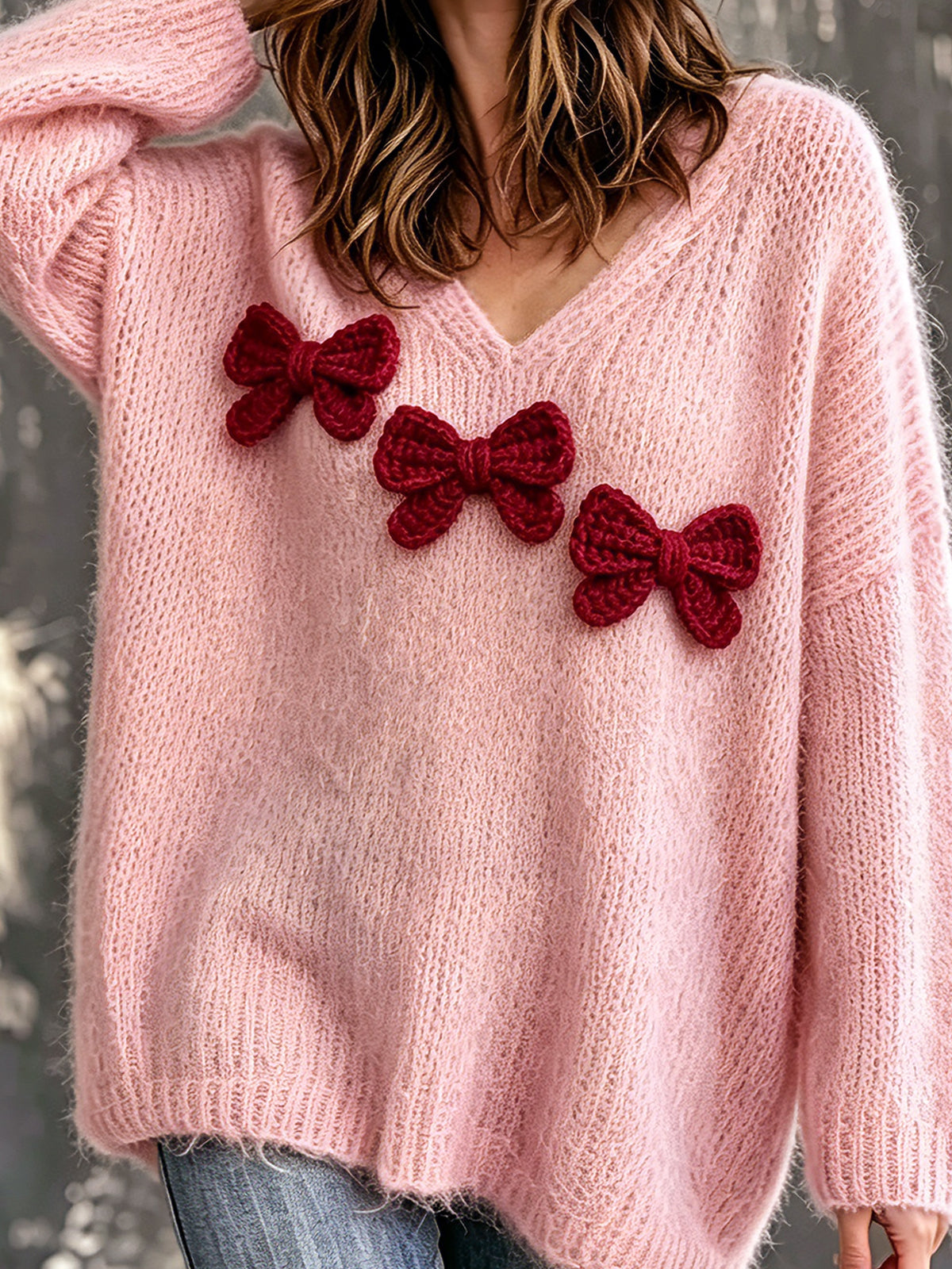 ElevenOra Chic Elegant Pink V-Neck Dropped Shoulder Long-Sleeve Butterfly Knots Detail Loose-Fit Fuzzy Knit Sweater
