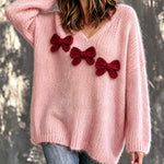 ElevenOra Chic Elegant Pink V-Neck Dropped Shoulder Long-Sleeve Butterfly Knots Detail Loose-Fit Fuzzy Knit Sweater