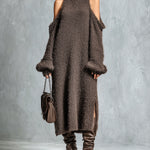 ElevenOra Chic Elegant Brown Turtleneck Cold-Shoulder Long-Sleeve Side Slit Detail Loose-Fit Soft Knit Midi Dress