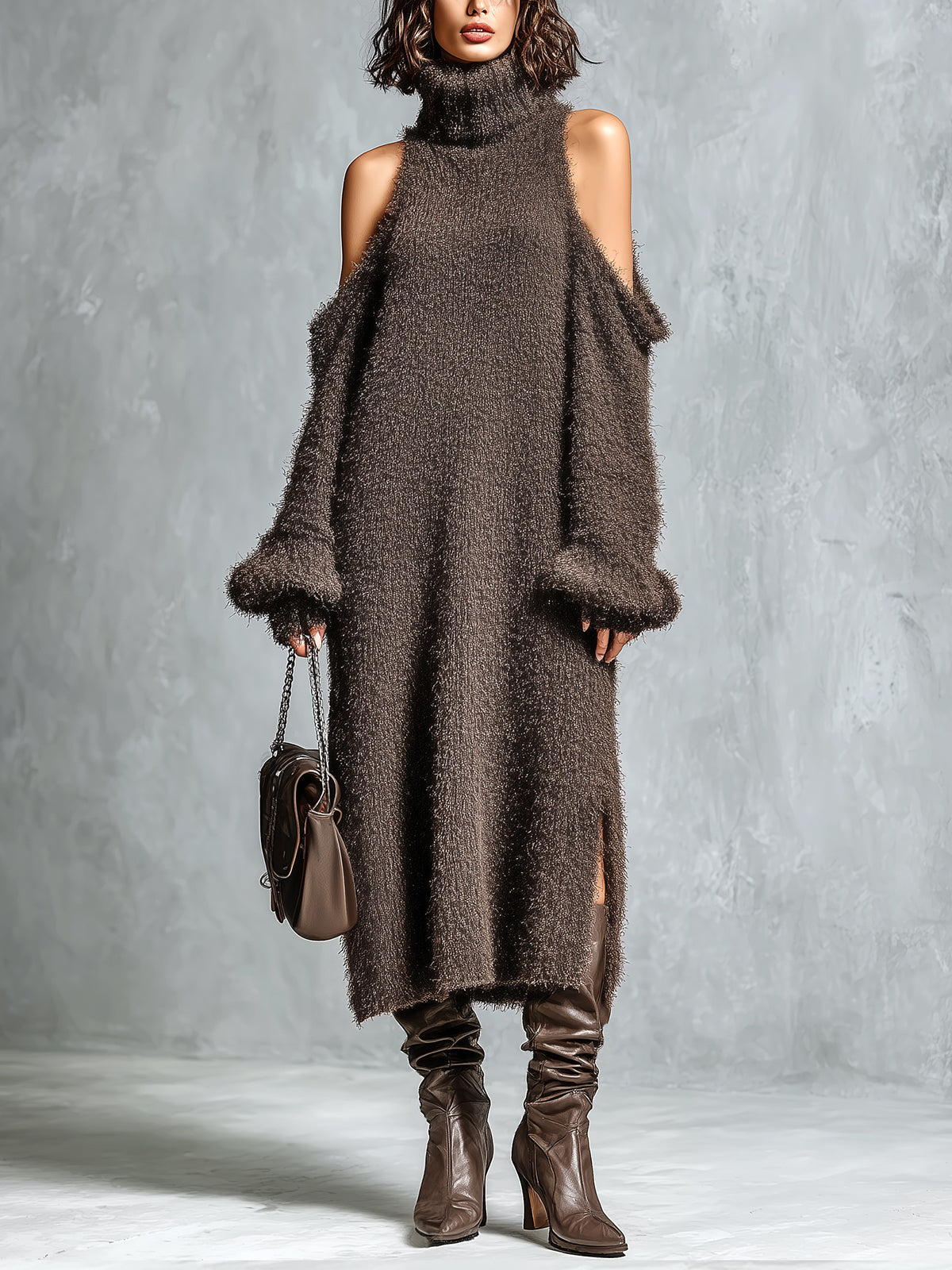 ElevenOra Chic Elegant Brown Turtleneck Cold-Shoulder Long-Sleeve Side Slit Detail Loose-Fit Soft Knit Midi Dress