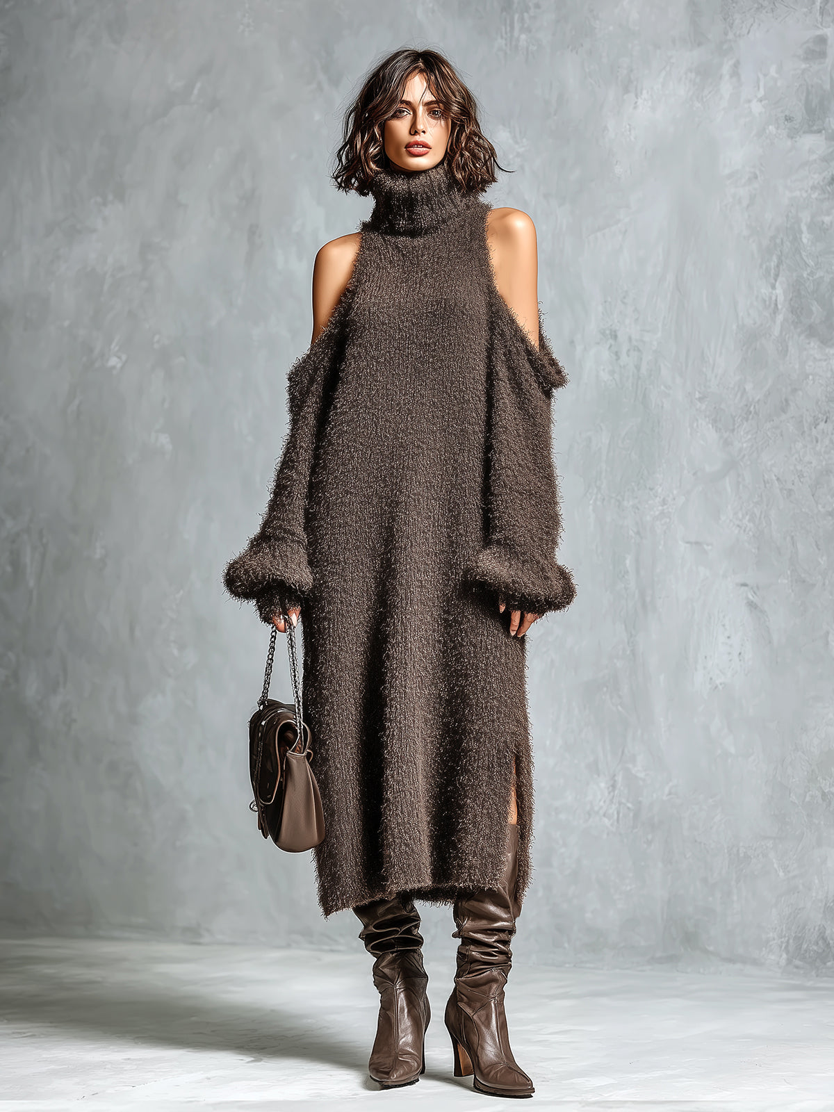 ElevenOra Chic Elegant Brown Turtleneck Cold-Shoulder Long-Sleeve Side Slit Detail Loose-Fit Soft Knit Midi Dress