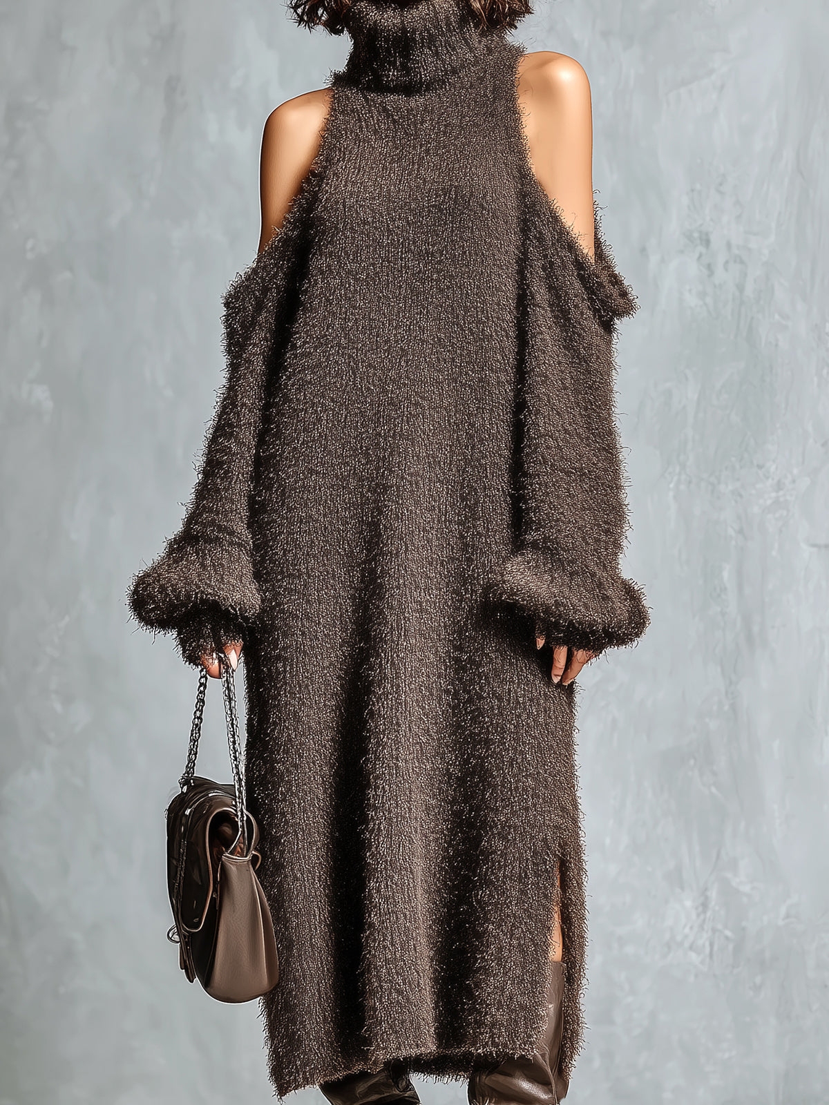 ElevenOra Chic Elegant Brown Turtleneck Cold-Shoulder Long-Sleeve Side Slit Detail Loose-Fit Soft Knit Midi Dress