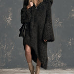 ElevenOra Chic Elegant Black Zipper-Up Hooded Collar Long-Flare-Sleeve Asymmetrical Hem Oversize Warm Knit Midi Dress