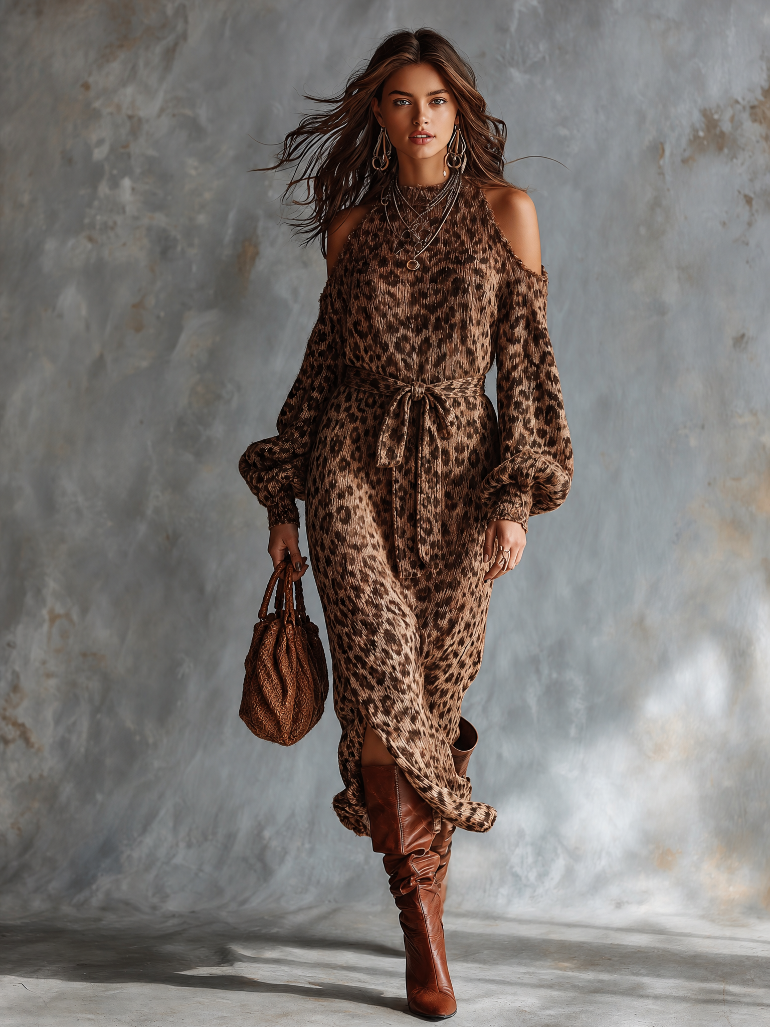 ElevenOra Chic Elegant Brown Leopard Jacquard Cold‑Shoulder Raw Edge High Neck Long-Sleeve Loose-Fit Waist Belt Side Slit Knit Midi Dress