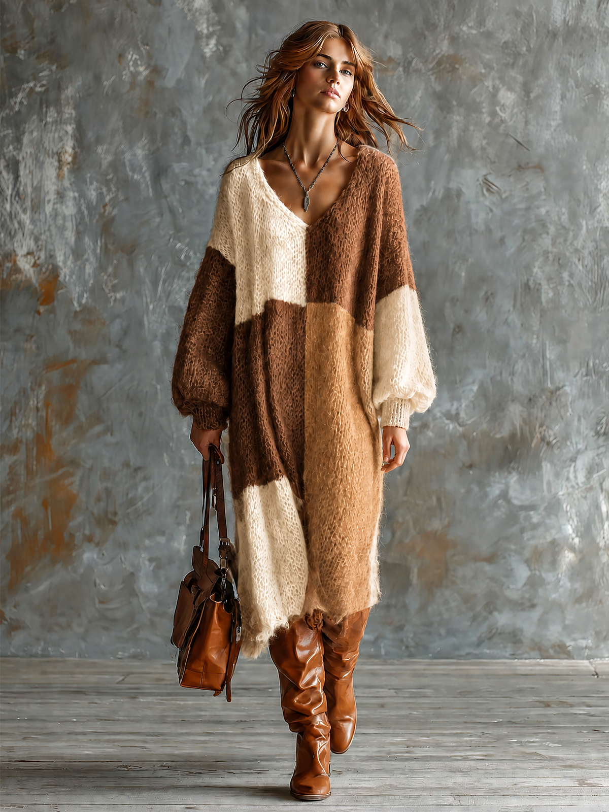 ElevenOra Chic Elegant Brown-Camel-Off White Colorblock V-Neck Long-Sleeve Loose-Fit Knit Midi Dress