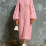 ElevenOra Chic Elegant Pink Boat Neck Cable Balloon‑Sleeve Loose-Fit Mohair‑Blend Knit Midi Dress
