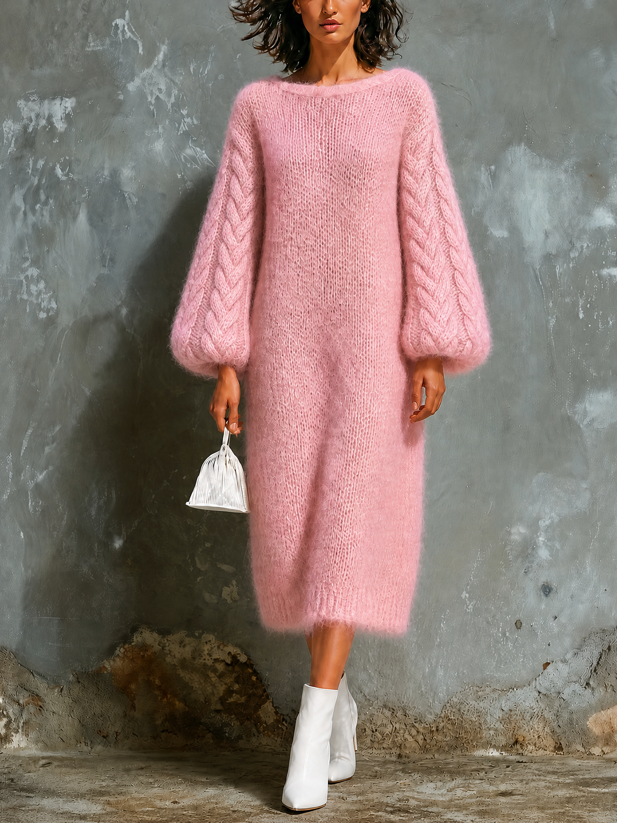 ElevenOra Chic Elegant Pink Boat Neck Cable Balloon‑Sleeve Loose-Fit Mohair‑Blend Knit Midi Dress