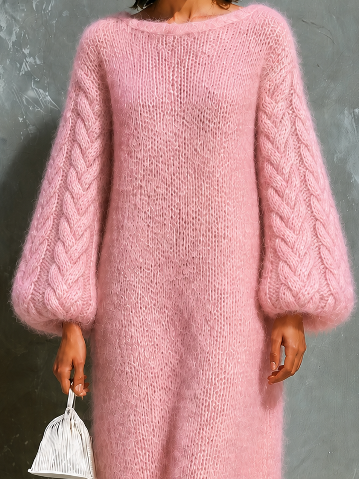 ElevenOra Chic Elegant Pink Boat Neck Cable Balloon‑Sleeve Loose-Fit Mohair‑Blend Knit Midi Dress