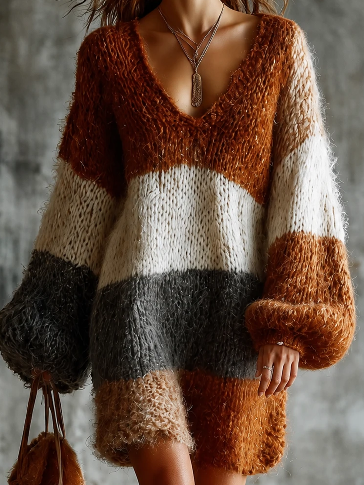 ElevenOra Chic Casual Brown-Cream-Charcoal Gray Colorblock V-Neck Long-Sleeve Loose-Fit Knit Mini Dress